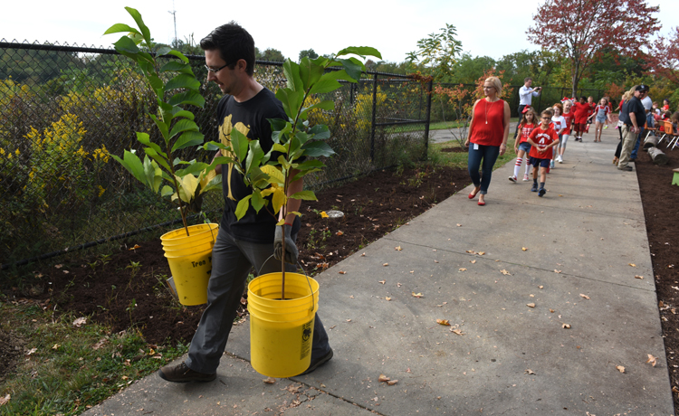 Joe Stavish, Tree PittsburghÕs community education coordinator carries two pawpaw trees that will be planted as part of One Tree Per Child at Avonworth Elementary in Ohio Township. The school is the first in the United States to be part of the program which is also in eight other countries.