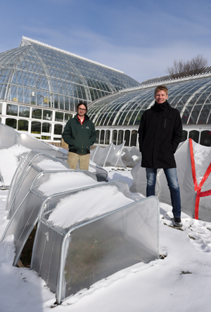 Michael Bechtel (left), edibles coordinator at Phipps and Joshua Bard, assistant professor at CMUÕs School of Architecture worked together with students from CMU to create these unique cold frames. They are in the Rooftop Edible Garden at Phipps Conservatory and Botanical Gardens were designed, constructed and installed by architecture students from Carnegie Mellon University. It's part of a joint project between the school and conservatory. Innovative cold frame