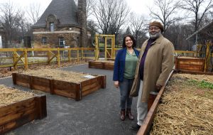 Camila Rivera-Tinsley, director of the Frick Environmental Center and director of education for the Pittsburgh Parks Conservancy stands in the From Slavery to Freedom garden with Samuel Black, director of African American Programs at the Heinz History Center. The garden is a collaborative project between the PPC and History Center which tells a powerful story through plants.