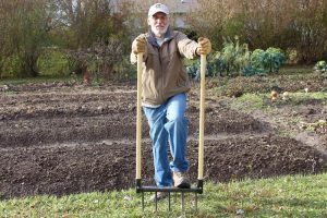 Noel Valdes, inventor of the CobraHead weeder has used a tool called a broadfork to create his raised beds.