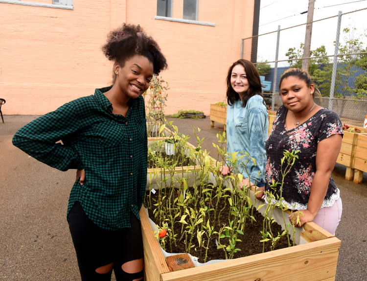 Camille D., Sarah S. and Sarah McW. all are using the garden at the Western Psychiatric Institute and Clinic of UPMC as a therapeutic tool.