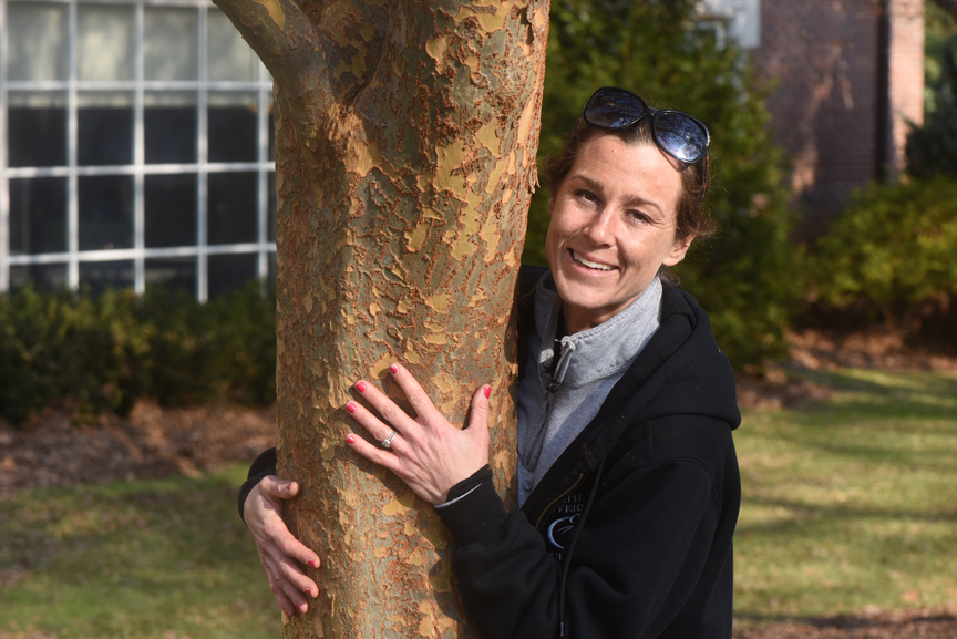 Kristen Spirl is grounds department manager and arboretum coordinator at Chatham University. The confessed "tree hugger" shows off some of the plants with winter interest on campus including this Chinese lacebark elm.