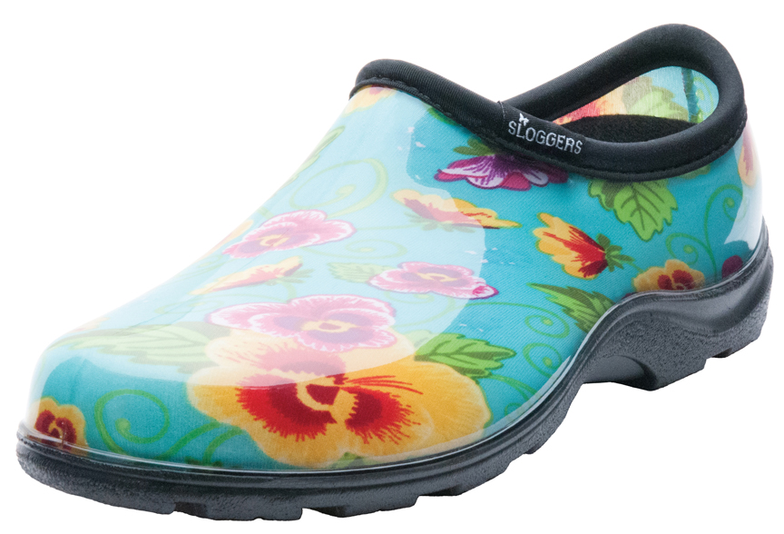 Sloggers Rain and Garden shoes are waterproof, slip on and off and are comfortable.